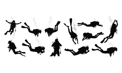 Scuba diver silhouettes vector illustration set underwater sport
