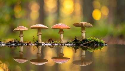 The fresh and natural mushrooms of the forest are in season and in the concept of the mystical forest texture with their reflections on the water's edge.