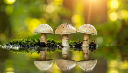 The fresh and natural mushrooms of the forest are in season and in the concept of the mystical forest texture with their reflections on the water's edge.