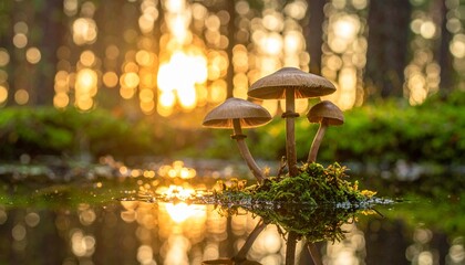 The fresh and natural mushrooms of the forest are in season and in the concept of the mystical forest texture with their reflections on the water's edge.