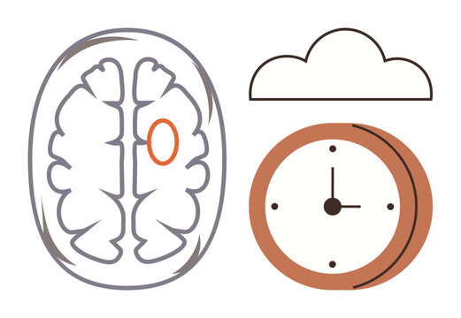 Outline of a brain with marked region, a cloud, and a clock. Ideal for neuroscience, cognition, memory, time, psychology brain function brainstorming. Simple flat metaphor