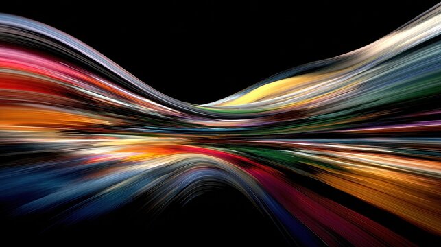 Dynamic abstract artwork with colorful light streaks and flowing lines.