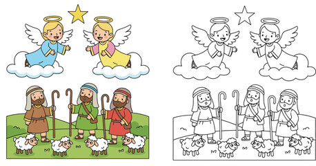 Obraz premium Cute angels appearing to shepherds with sheep vector illustration and black and white coloring page outline isolated on white background.