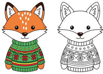 Naklejka premium Cute fox wearing green Christmas sweater vector illustration with black and white coloring page outline isolated on white background.