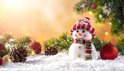 A cheerful snowman sits amidst pine branches, ornaments, and faux snow against a soft, golden bokeh background