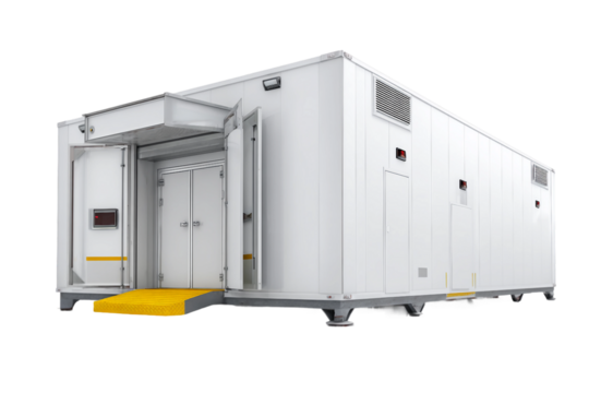 Large walk-in cold storage room with open door isolated on transparent background