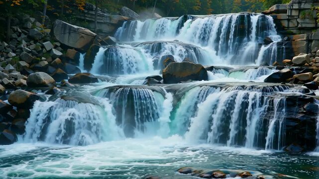 A breathtaking series of cascading waterfalls surrounded by autumn foliage, creating a tranquil and serene atmosphere