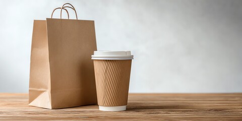 A cozy setting featuring a disposable coffee cup and a brown paper bag on a wooden table. Perfect for depicting takeout coffee culture and on-the-go lifestyles.