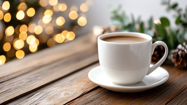 A cozy cup of coffee sits on a wooden table, surrounded by festive decorations and soft bokeh lights, evoking warmth and comfort during the holiday season.