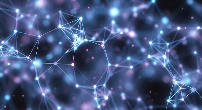 Abstract network of glowing blue and purple nodes connected by lines against a dark, starry background.
