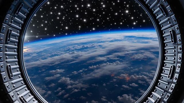 A breathtaking view of Earth from space through a circular spacecraft window, showcasing clouds, atmosphere, and stars