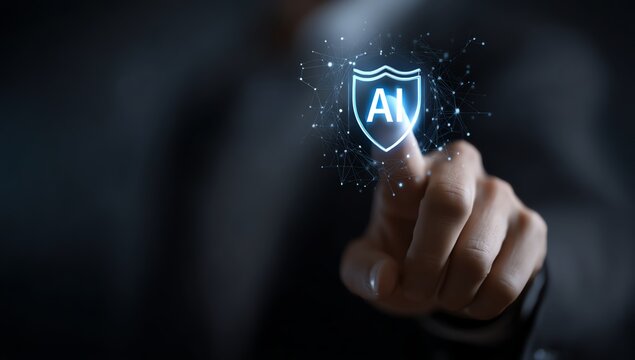 A businessman interacts with a digital shield symbolizing AI technology and protection