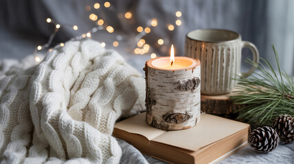 Cozy winter scene with candle light warm blanket and mug