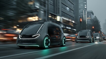 Fototapeta premium Future self-driving electric vehicles with components navigate a congested traffic junction.