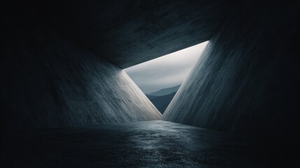 Minimalist concrete room with triangular opening to misty mountain view
