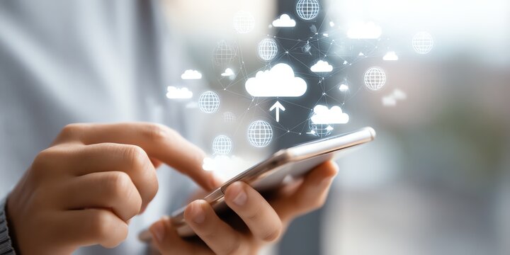 A close-up view of a person using a smartphone, with cloud computing icons and data symbols appearing above, highlighting the integration of technology in daily life.