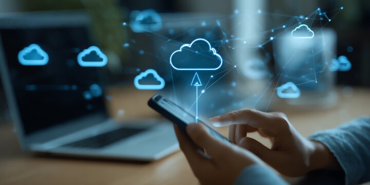 A person using a smartphone with cloud storage icons in the background, representing digital data management and modern connectivity in a contemporary workspace. - Powered by Adobe