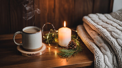 Cozy Winter Still Life with Candle Coffee and Warm Blanket