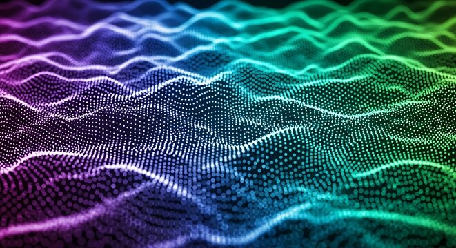 Abstract visualization of a vibrant, undulating digital sound wave composed of countless small particles, rendered in a spectrum of neon colors.