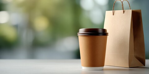 A warm coffee cup sits next to a brown paper bag, creating a cozy atmosphere perfect for a quick snack or a leisurely moment. Ideal for coffee lovers and casual dining scenes.