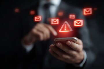 A businessman interacting with a smartphone, surrounded by floating email icons and warning signals, symbolizing communication and alertness in the digital age.