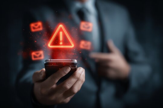 A businessman alerts on smartphone about critical notifications, represented by red warning icons and email symbols. Illustrates urgency in digital communication.