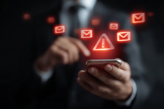 A businessman interacting with a smartphone, surrounded by floating email icons and warning signals, symbolizing communication and alertness in the digital age.