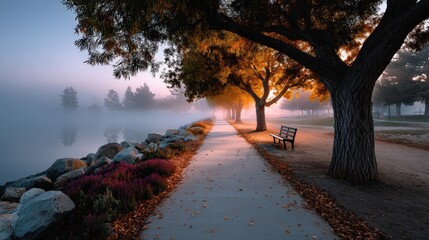 Autumn Avenue Silhouette Against Softly Glowing Amber Mist
