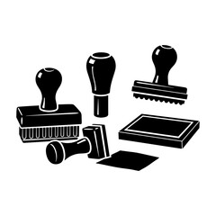 Collection of various rubber stamps and ink pads for office and craft use.