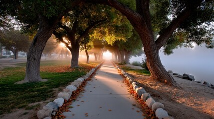 Autumn Avenue Silhouette Against Amber Mist