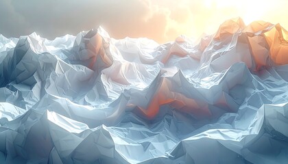 Abstract low poly landscape with angular peaks and troughs, bathed in soft light