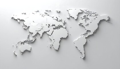 A clean, white embossed world map, projecting slightly from a matching white background, casting soft shadows
