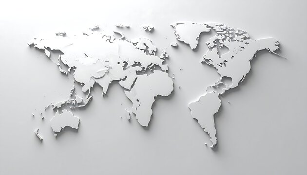 A clean, white embossed world map, projecting slightly from a matching white background, casting soft shadows