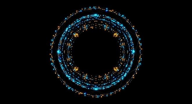 An abstract circular pattern of shimmering blue and gold particles against a black background.