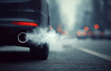 Black smoke from a car exhaust pipe on the road draws attention to air pollution and its effects on the environment.
