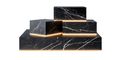 Black marble podiums with golden light, isolated on transparent background