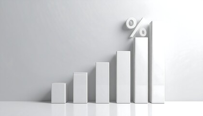 A sleek, white 3D rendering depicting a growing bar chart topped with a percentage sign against a white background