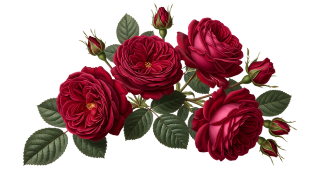 Cluster of Deep Red Roses and Buds with Green Leaves on a Transparent Background rose cluster rose buds isolated on a transparent background