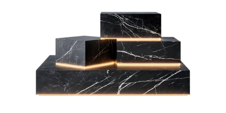 Black marble podiums with golden light, isolated on transparent background