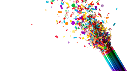 Colorful Confetti Explosion from a Rainbow Metallic Party Popper on Black Background celebration isolated on a transparent background