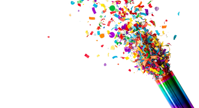 Colorful Confetti Explosion from a Rainbow Metallic Party Popper on Black Background celebration isolated on a transparent background