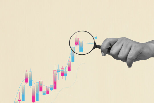 Human hand holding a magnifying glass over a candlestick of a financial chart. Concept of business profit, financial growth, investment, and success. Collage art