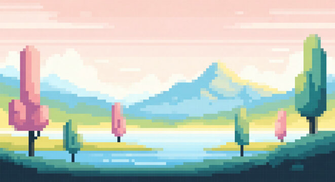 Pixel art spring landscape featuring unusual pink trees, blue mountains, and a calm lake in a fantasy setting.