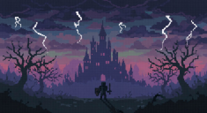 Pixel art silhouette of a knight facing a dark castle during a storm with lightning bolts and dead trees.
