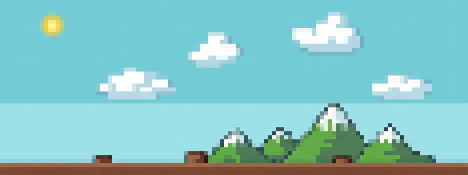 Pixel art scrolling game level background with green rolling hills, purple mountains, trees, and clouds in a bright blue sky.