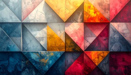 Abstract mosaic composed of multicolored triangular tiles arranged in a geometric pattern; textured and varied colorations