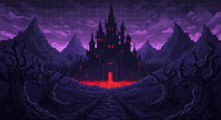 Pixel art dark fantasy castle surrounded by a river of red lava or blood, set against purple mountains and dead trees in a gothic style.