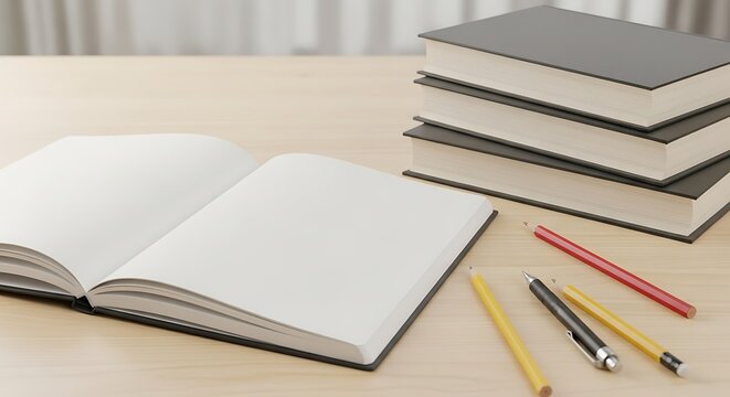 An open blank notebook lies on a wooden desk next to a stack of closed books and writing utensils.