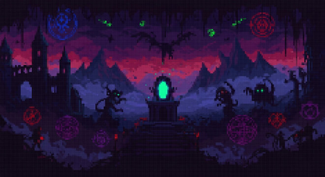 Pixel art occult ritual scene with silhouettes of cultists, a glowing green portal, magic circles, and a castle under a purple ominous sky.