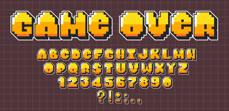 Retro pixel font set isolated on computer screen background. Vector cartoon illustration of geometric English ABC letters, numbers, punctuation signs, arcade game display, 8-bit text design elements